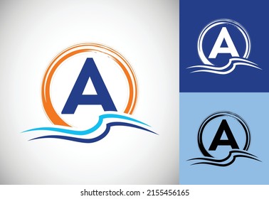 Initial Ein Monogramm Brief mit Wasser Ozeanwellen und die Sonne. Design des Strandlogos