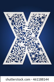 Initial monogram letter X. May be used for paper cutting. Fancy alphabet letter. Floral drop cap.