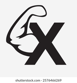 Initial Monogram Letter X Strong Logo Concept With Bicep Muscle Arm Symbol For Gym and Fitness Logotype