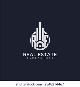 RE logotipo de monograma inicial para bienes raíces con vector de diseño de círculo creativo