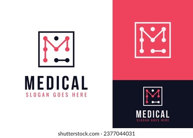 Initial Monogram M for Medic Medical Medicine Molecule with Cell inside Box Square Frame Logo Design Branding Template