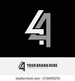 Initial monogram number 4 or 44 overlapping, interlock, monogram logo, white and gray color on black background