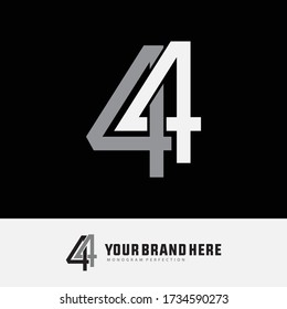 Initial monogram number 4 or 44 overlapping, interlock, monogram logo, white and gray color on black background