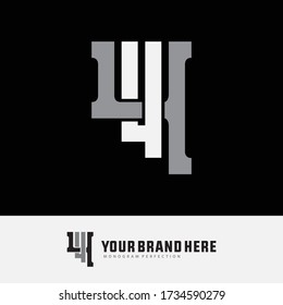 Número de monograma inicial 4 ó 44 solapados, interbloqueados, logotipo de monograma, color blanco y gris sobre fondo negro
