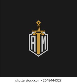 Monograma inicial AM para imagem em estilo escudo e espada