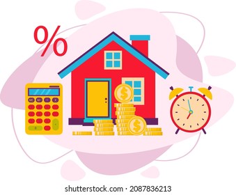 Pago hipotecario inicial, préstamo hipotecario, tipo de interés bajo. Adquisición rentable de bienes raíces. Ilustración plana vectorial.