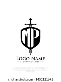 initial MP letter with shield style logo template vector