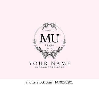 Initial MU beauty monogram and elegant logo design, handwriting logo of initial signature, wedding, fashion, floral and botanical with creative template.