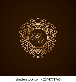 MU letra inicial logotipo de monograma de lujo, joyería de ornamen elegante, emblema de forma de amor corazón