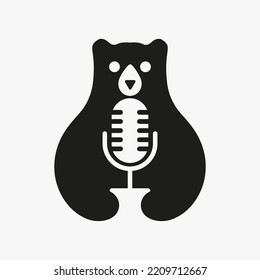 Initial Musician Bear Logo Negative Space Vector Template. Bear Holding Microphone Symbol