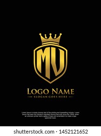 initial MV letter with shield style logo template vector