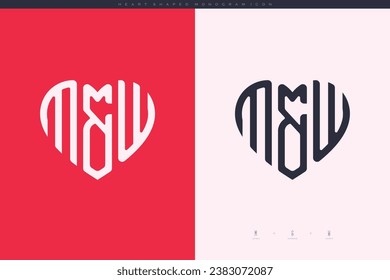 initial MW letters with red heart and love logo flat icon monogram concept