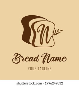 Initial N Bread Bakery Cafe Restaurant Modern Simple Logo Concept with wheat grain and bread icon. Pastry Kitchen Logo Idea