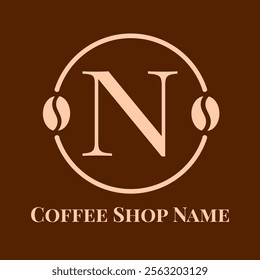 Initial N Cafe brown colour. Coffee bean logo letter N design vector template. Coffee shop bussiness logotype vector illustration. Emblem logo for cafe