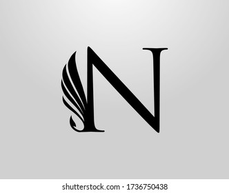 Initial N Classic Wing Logo. Heraldic N Letter Design Vector with Wing and Tale Shape Design.