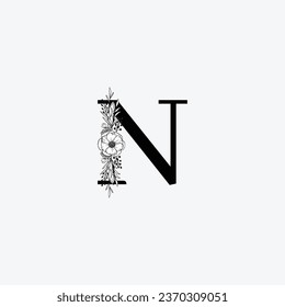 Initial N floral alphabet logo. Black floral alphabet, botanical monogram vector letters with black line art flowers, leaves and thorns.