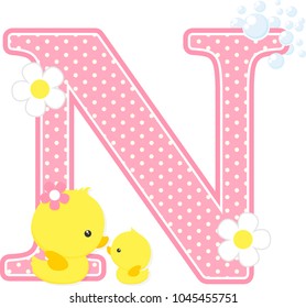initial n with flowers and cute baby duck and mom isolated on white. can be used for baby girl birth announcements, nursery decoration, mother's day card,party theme or birthday invitation
