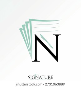 Fuente inicial N con hoja de papel y bolígrafo Diseño de logotipo de libro de educación de la firma Concepto gráfico Creativo Premium Vector Stock Imagen superior Venta