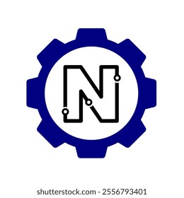 Initial N Gear mechanic technology vector logo template. Letter N modern logo clip art suitable for mechanic bussiness. black blue gear symbol