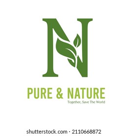 Initial N Green Letter and Leaf for Modern Beauty Nature Cosmetic, Vegan, Environmental, Nutrition Consultant Service Company Logo Idea