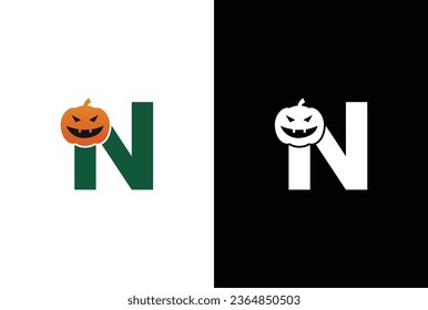 Initial N Halloween logo. Halloween letter N logo or icon template design. Halloween pumpkin white background