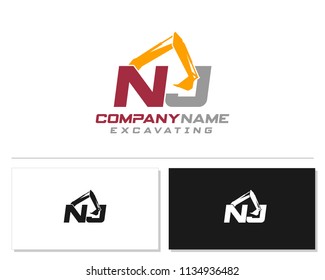 Initial N J excavator logo concept vector with arm excavator template vector.