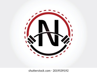 Initial N Letter alphabet with a barbell. Lifting vector logo design. Modern vector logo for bodybuilding, gym, fitness, and company identity