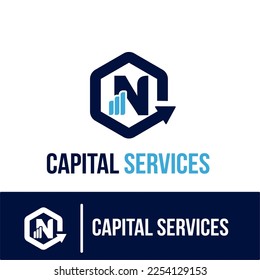 Initial N Letter with Bar Chart and Up Growing Arrow for Finance, Capital Business Services Logo Idea Template