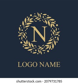 Initial N Letter in Circle Leaves Wreath Frame for Cosmetic, Make up, Fashion, Hotel, Resto, Resort, Real Estate, Apartment Business Logo Vector Template