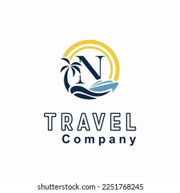 Initial N Letter With Coconut Palm Tree, Marine Ship, Sun Icon for Travel Guide Business Logo Idea Template