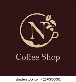 Initial N letter with Coffee Cup, Coffee Bean, Liquid for Coffee Shop, Restaurant, Cafe, Beverage Business Simple and modern Logo Template Idea