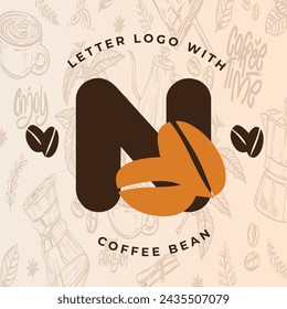 Letra inicial N con taza de café, grano de café, líquido para cafetería, restaurante, cafetería, negocio de bebidas Logo simple y moderno