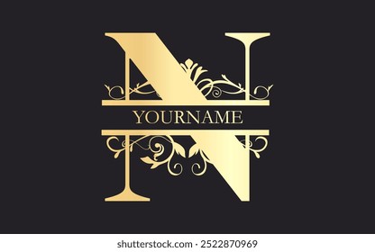 Initial N letter  floral Split Letter Monogram,luxury Wedding invitation Monogram Design,gold color on black background