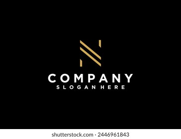 Initial N letter Gold Color With Black Background Logo Design vector Template. Letter N Line Logo Design