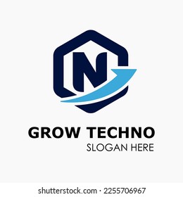 Initial N Letter in Hexagon Shape with Growth Arrow Upward Logo Idea Template