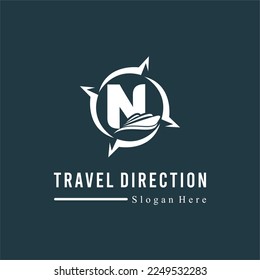 Initial N Letter with Ship Marine and Compass Icon for Travel Guide Navigation Business Logo Idea Template