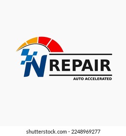 Initial N Letter with Speedometer, Race Icon for Automotive Company Logo. Motor Transportation Accelerated Service Store Logo Template