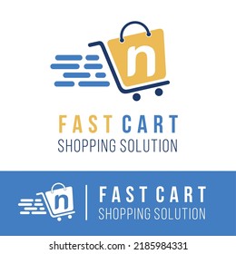 Initial n letter in trolley cart shopping logo with speed symbol for fast online shopping delivery logo concept	