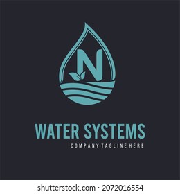 Initial N Letter  with water drop and leaf for water drainage, sanitation, purified, repair, cleanup, maintenance water system service company logo vector idea