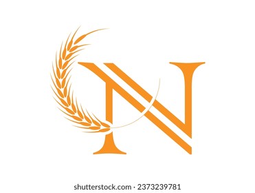 Initial N Letter with Wheat Grain for Bakery, Bread, Cake, Café, Pastry, Healthy Food, Cafeteria, Home Industries Business Logo Vector Idea