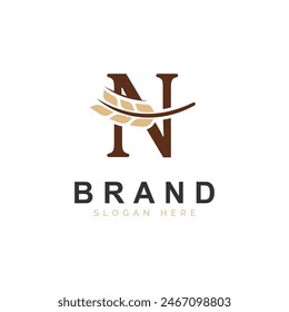 Initial N Letter with Wheat Grain for Bakery, Bread, Logo Design Vector Icon Illustration