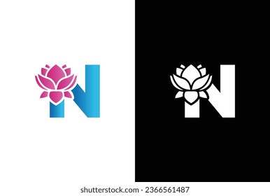 Initial N lily flower logo. Letter N vector alphabet with lily flower. ABC concept type as logo. Typography design