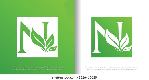modelo inicial de design n logotipo com ícone folha e conceito criativo vetor premium