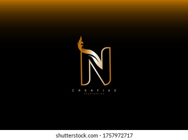 Initial N Logo Outline Tribal Floral Golden Monogram Shape