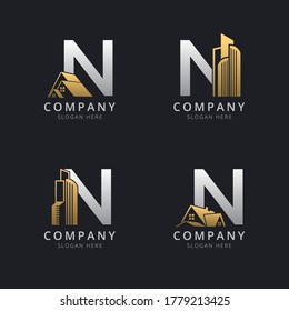 Initial N logo with real estate elements in gold and silver color