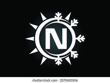 Initiales N-Monogramm-Alphabet mit abstrakter Sonne und Schnee. Symbol für das Zeichen des Klimageräts. Warmes und kaltes Symbol. Modernes Vektorlogo für die Konditionierung von Geschäfts- und Firmenidentität