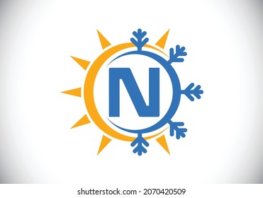 Initial N monogram alphabet with abstract sun and snow. Air conditioner logo sign symbol. Hot and cold symbol. Modern vector logo for conditioning business and company identity