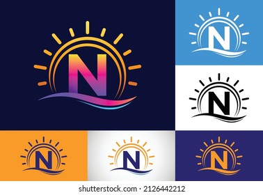 Initial N monogram alphabet with abstract sun and wave. Ocean sun logo design. Font emblem