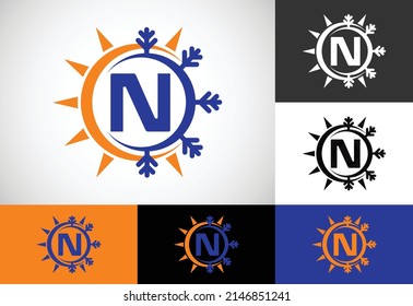 Alfabeto inicial N monograma con sol abstracto y nieve. Símbolo del logotipo del acondicionador de aire. Símbolo caliente y frío.
