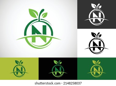 Initial N monogram alphabet with the abstract apple logo. Healthy food logo design vector 